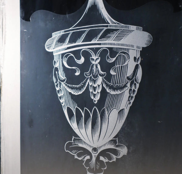 56" Tall Pair of Antique French Etched Glass Windows Frosted Glass with Flowers