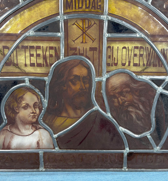 22" Wide Vintage Dutch Religious Stained/Leaded Glass Panel by Felix Bonner