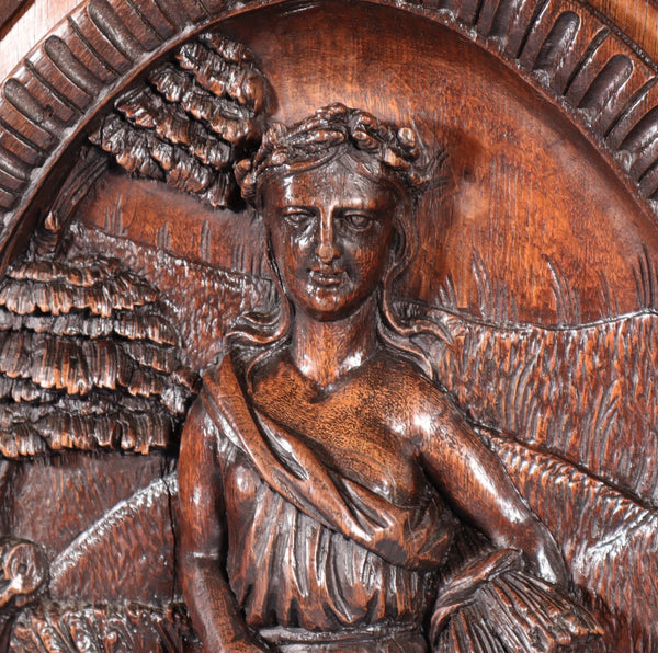 24" Tall Antique French Solid Oak Panel Highly Carved Harvest Theme w/Woman