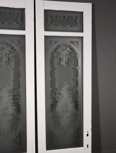 87" Tall Pair of Antique French Etched Glass Windows Frosted Glass with Flowers