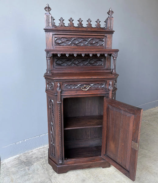 Antique French Gothic Revival Cabinet/Console/Sideboard,Highly Carved Oak