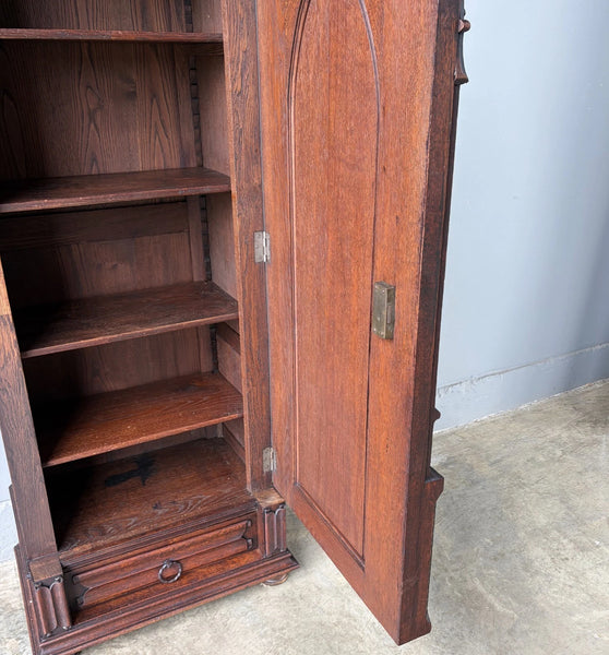 67" Tall French Antique Gothic Cabinet in Solid Oak Highly Carved Wood