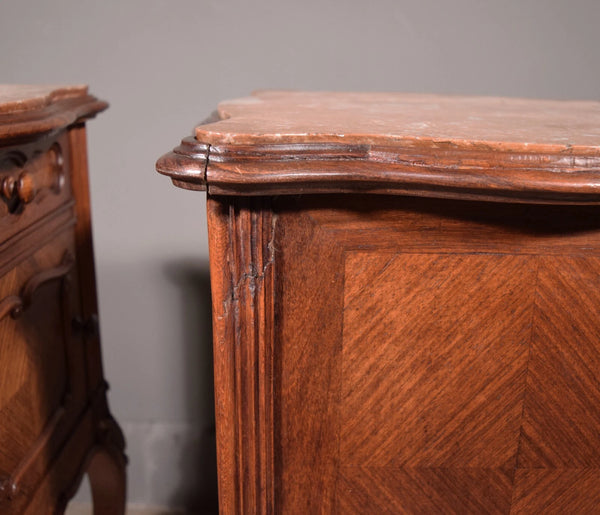 Pair of Antique French Louis XV Nightstands in Walnut with Marble Tops