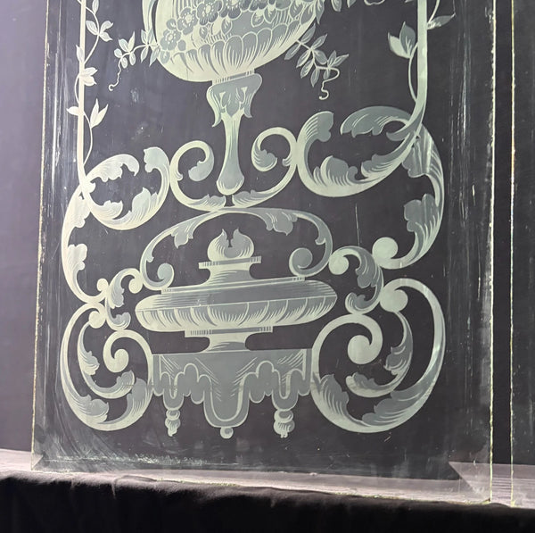 47" Tall Pair of Antique French Etched Beveled Glass Windows Frosted Glass