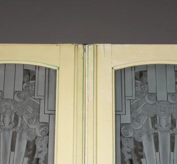 Pair of French Art Deco Etched Glass Doors Frosted Glass with Pine Frames