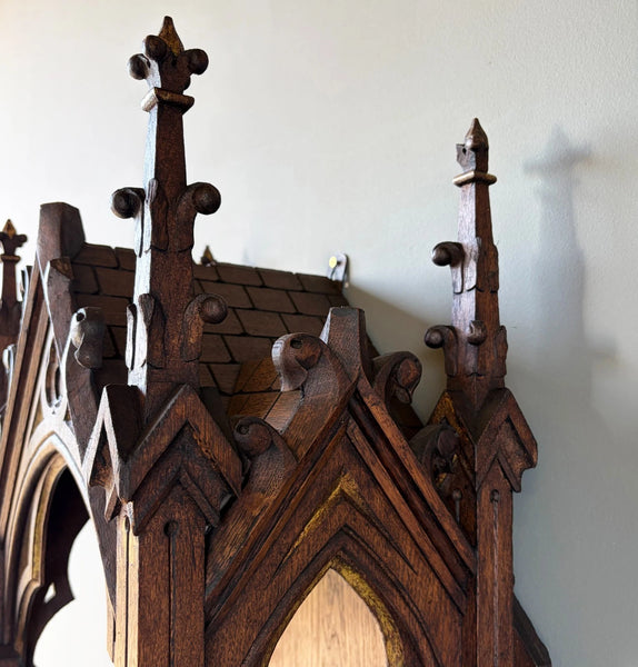 57" Tall French Antique Neo Gothic Solid Oak Highly Carved Wall Niche/Shrine