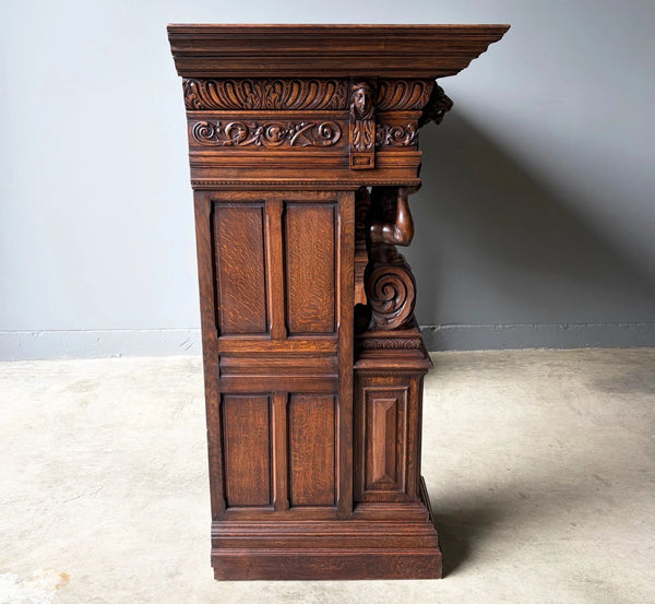 XL Vintage Renaissance Revival Oak Fireplace Surround/Mantel w/Carved Figures
