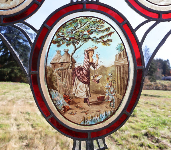 38" Tall Large Antique French Art Nouveau Stained/Leaded Glass Panel 4 Seasons
