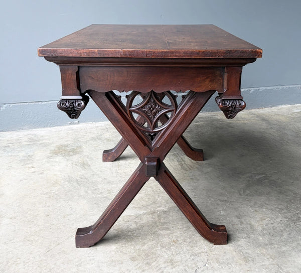 Antique French Gothic Desk/Library Table in Chestnut/Walnut Wood with Drawer