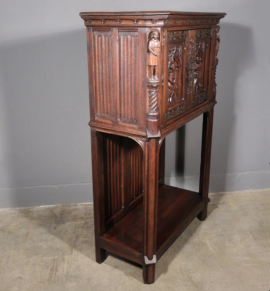 Antique French Gothic Revival Cabinet Highly Carved in Oak Wood w/Figures