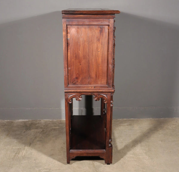 Antique French Gothic Revival Cabinet/Bar Cabinet in Highly Carved Chestnut Wood
