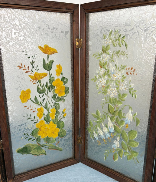 21" Tall Antique French Hand Painted Folding Glass Screen with Flowers