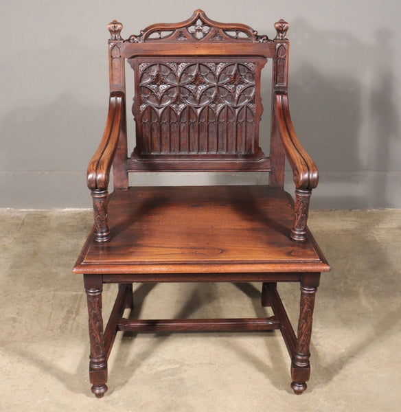 French Antique Gothic Revival Desk with Chair in Solid Carved Chestnut Wood