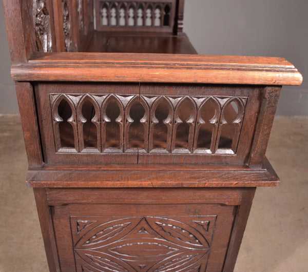 Antique French Gothic Revival Oak Wood Bench/Settee/Chair Highly Carved