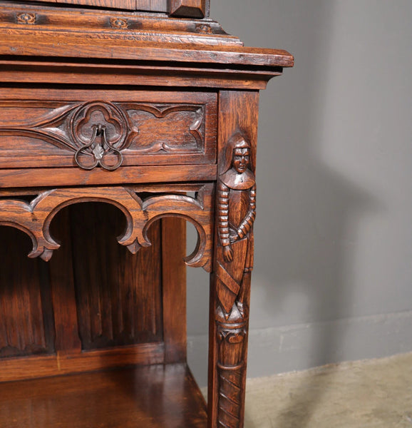 70" Tall Antique French Gothic Revival Oak Wood Cabinet/Liquor/Wine/Bar Cabinet