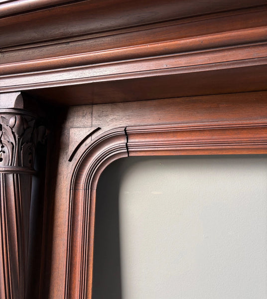 54" Tall French Antique Gothic Fireplace Mantel in Solid & Veneered Walnut