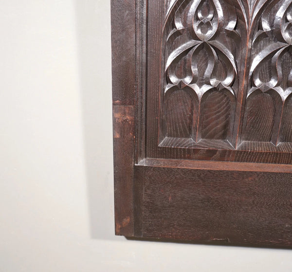 Antique French Neo Gothic Queen Sized Headboard in Solid Chestnut Wood