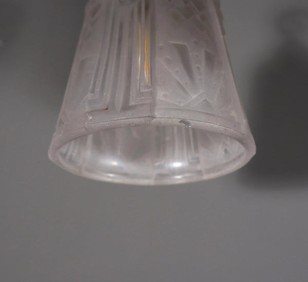 Antique French Art Deco Chandelier with Frosted Glass and Iron by Muller Freres