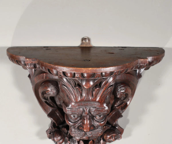 Pair of Large French Antique Lion Wall Sconces/Shelves in Solid Oak and Chestnut