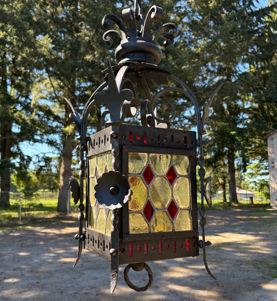 27" French Antique Gothic Iron & Stained Glass Hanging Chandelier/Pendant Lamp