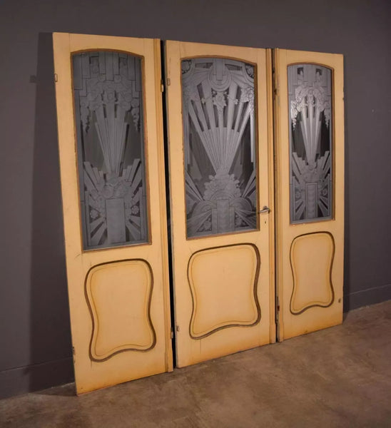 Set Antique French Art Deco Etched Glass Doors Frosted Glass with Pine Frames