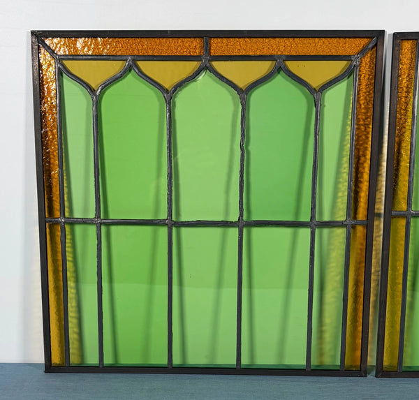 43" Tall Pair of Antique French Stained Glass Window Panels Green & Yellow Glass