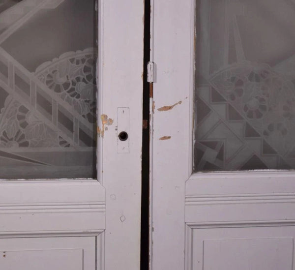 Set Antique French Art Deco Etched Glass Doors Frosted Glass with Pine Frames