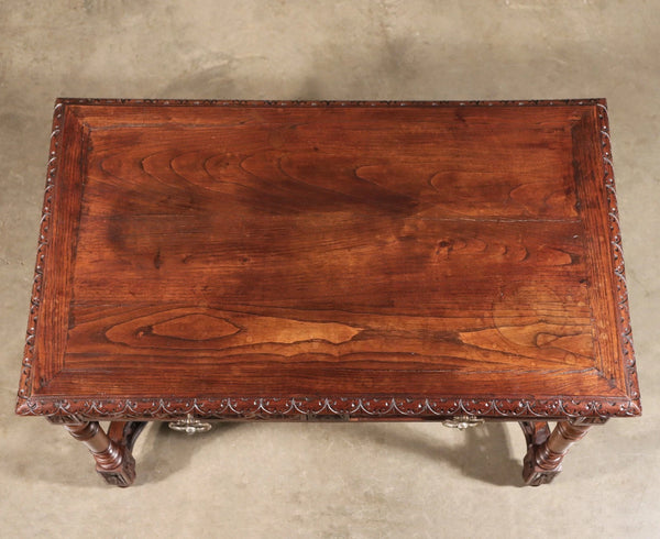 Antique French Breton Desk/Library Table in Solid Chestnut Wood with Carvings