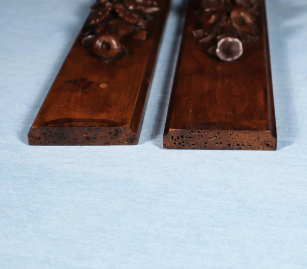 16" Pair of French Antique Solid Walnut Wood Highly Carved Posts with Flowers
