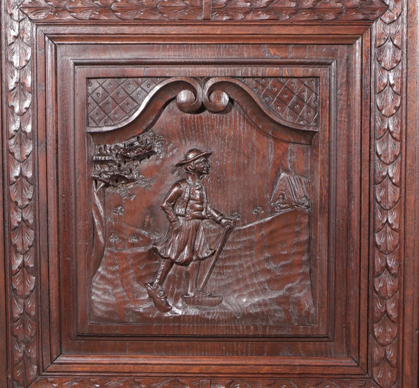 91" Tall French Antique Breton Armoire/Cabinet in Solid Chestnut Highly Carved
