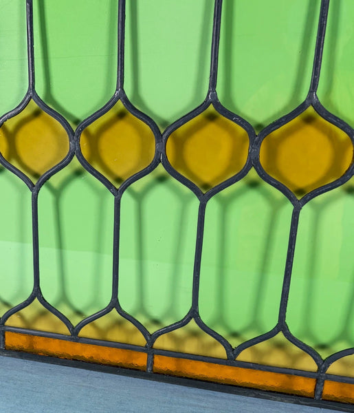 45" Wide French Antique Stained Glass Window Panel with Green & Yellow Glass