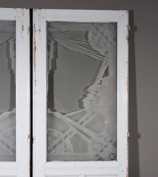 Pair of Antique French Art Deco Etched Glass Doors Frosted Glass w/Pine Frames