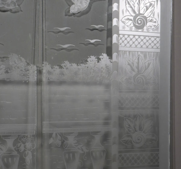 48" Tall Pair of Antique French Etched Glass Windows Frosted Glass with Birds