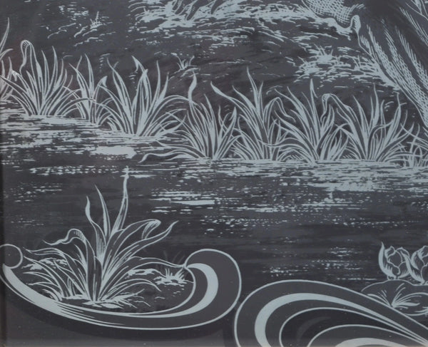 37" Tall Antique French Etched Glass Window with Rural Scene Man by the Water