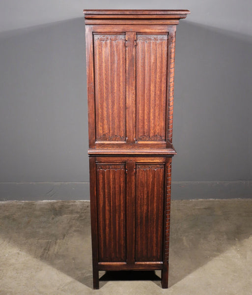 63" Tall Antique French Gothic Revival Cabinet Highly Carved in Solid Oak Wood