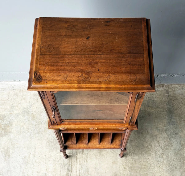 French Antique Narrow Walnut Bookcase/Display Case with Locking Door