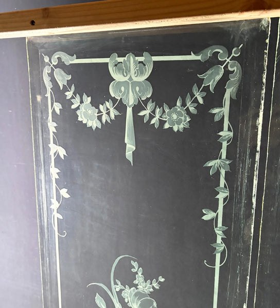 47" Tall Pair of Antique French Etched Beveled Glass Windows Frosted Glass