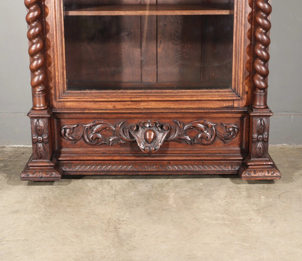 88" Tall French Antique Solid Oak Wood Bookcase/Display Case/Cabinet Carved
