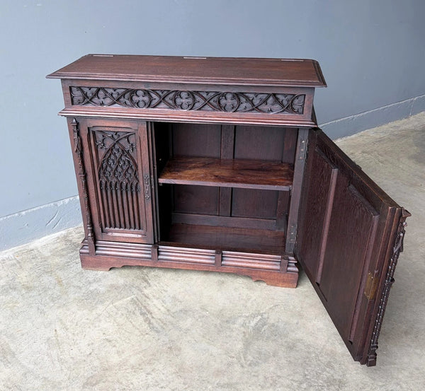 Antique French Gothic Revival Cabinet/Console/Sideboard, Highly Carved Oak