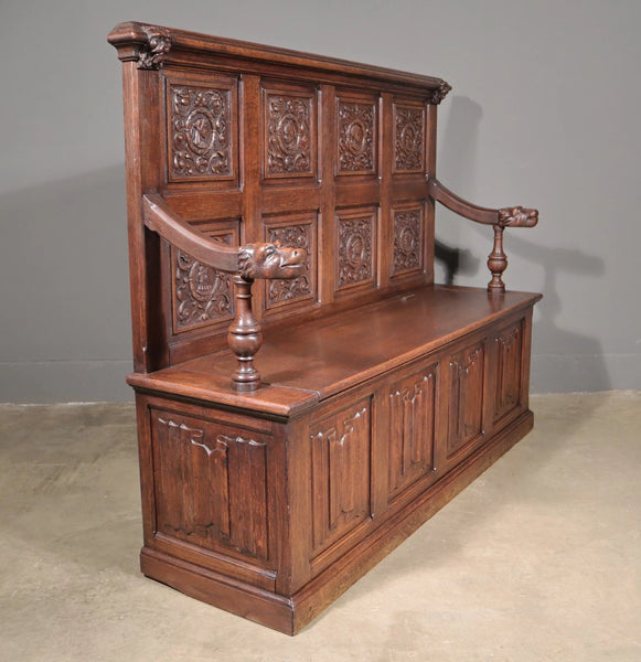 Antique French Renaissance Oak Wood Bench/Settee/Storage Bench with Lions