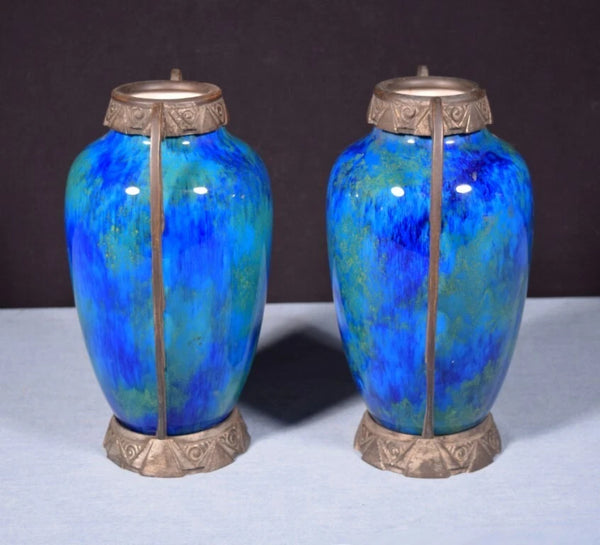 Vintage Art Deco Paul Milet Sèvres Vases/Urns Blue Drip Glaze w/Bronze Ormolu