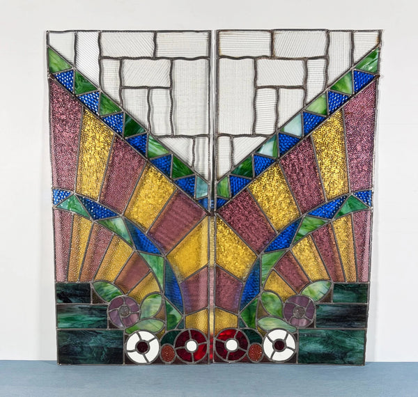 43" Tall Pair of Antique French Art Deco Stained Glass Window Panels