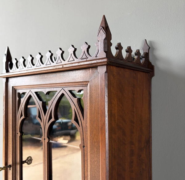 French Antique Gothic Revival Solid Oak and Walnut Wood Bar or Wall Cabinet