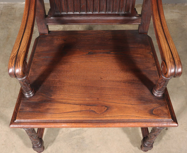 French Antique Gothic Revival Desk with Chair in Solid Carved Chestnut Wood