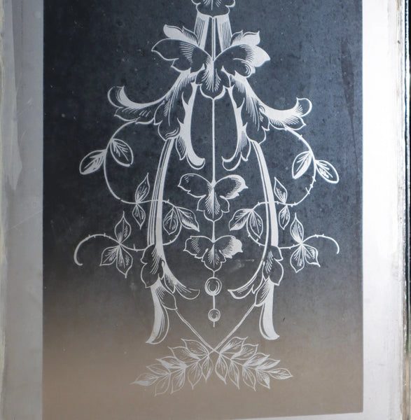 56" Tall Pair of Antique French Etched Glass Windows Frosted Glass with Flowers