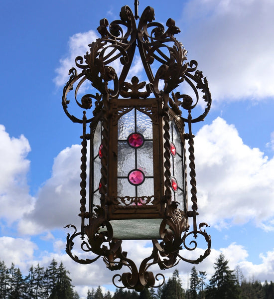 36" Tall XL French Antique Iron and Stained Glass Hanging Chandelier/Lamp