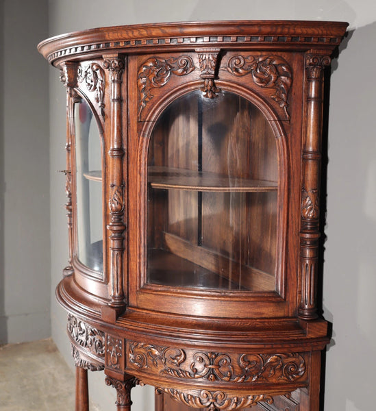 65" Tall Antique French Solid Oak Wood Renaissance Curved Display Case/Cabinet