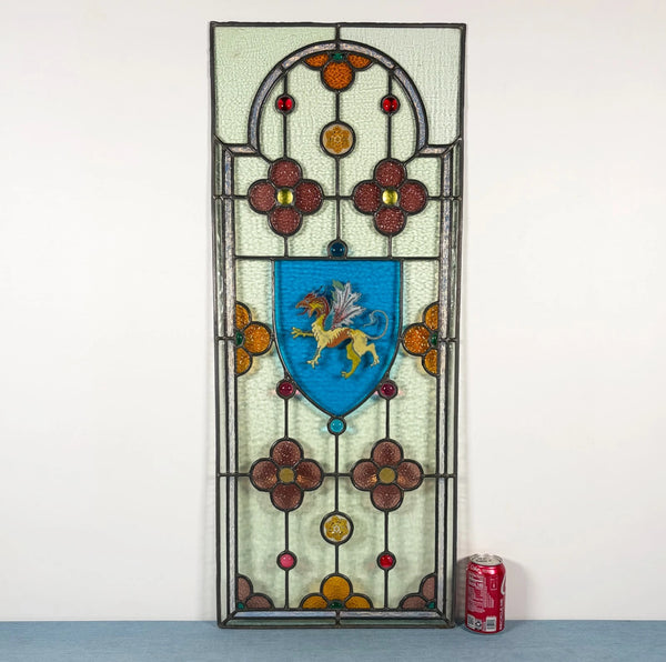 38" Tall Antique French Stained/Leaded Glass Panel w/Griffin and Uranium Glass