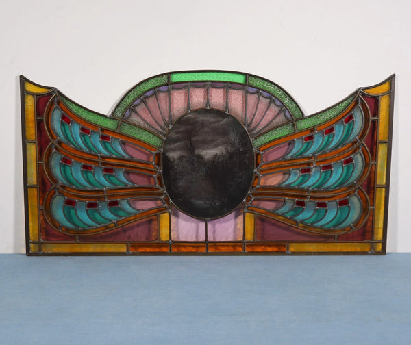 36" Wide Antique French Art Deco Stained Glass Panel of Bruges w/Copper Frame