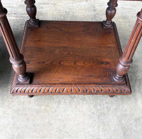Pair of 34" Tall Antique French Breton Nightstands with Marble Tops in Chestnut